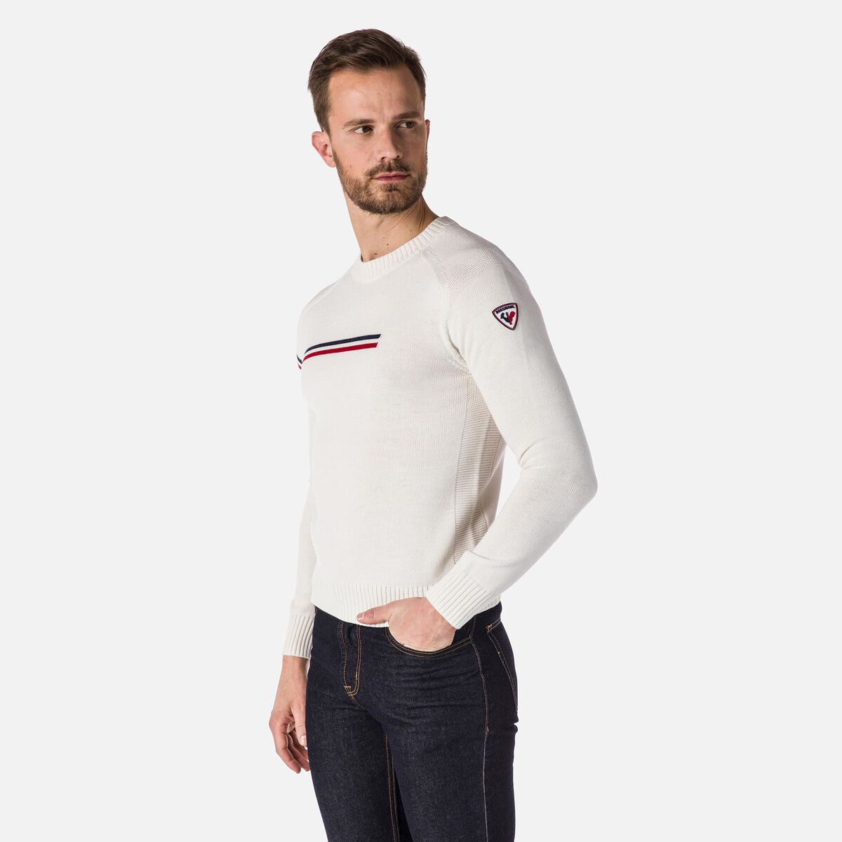 Pull Col Rond Tricolore Homme Blanc